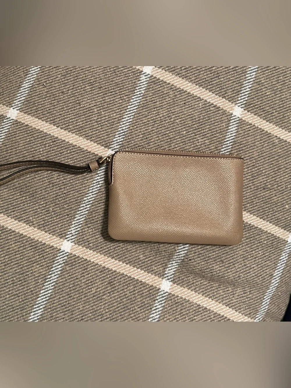 COACH Pebbled Leather Mini Wristlet in Taupe with Gold Logo